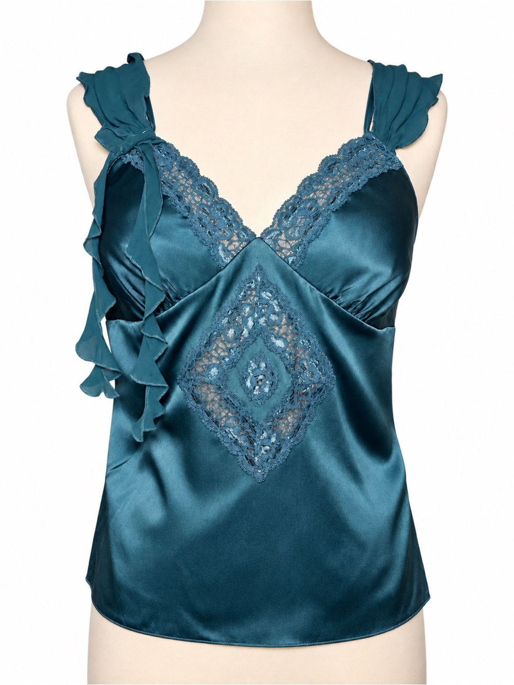 Y2K Bebe teal Silk Lace
Ruffle Cami Top